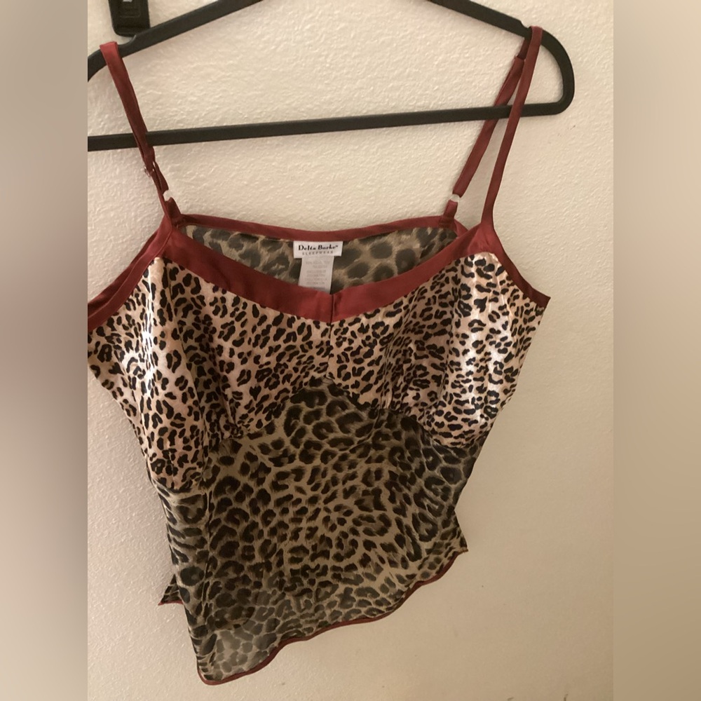 Delta Burke Leopard Satin Cami in Brown and Rust Red Trim